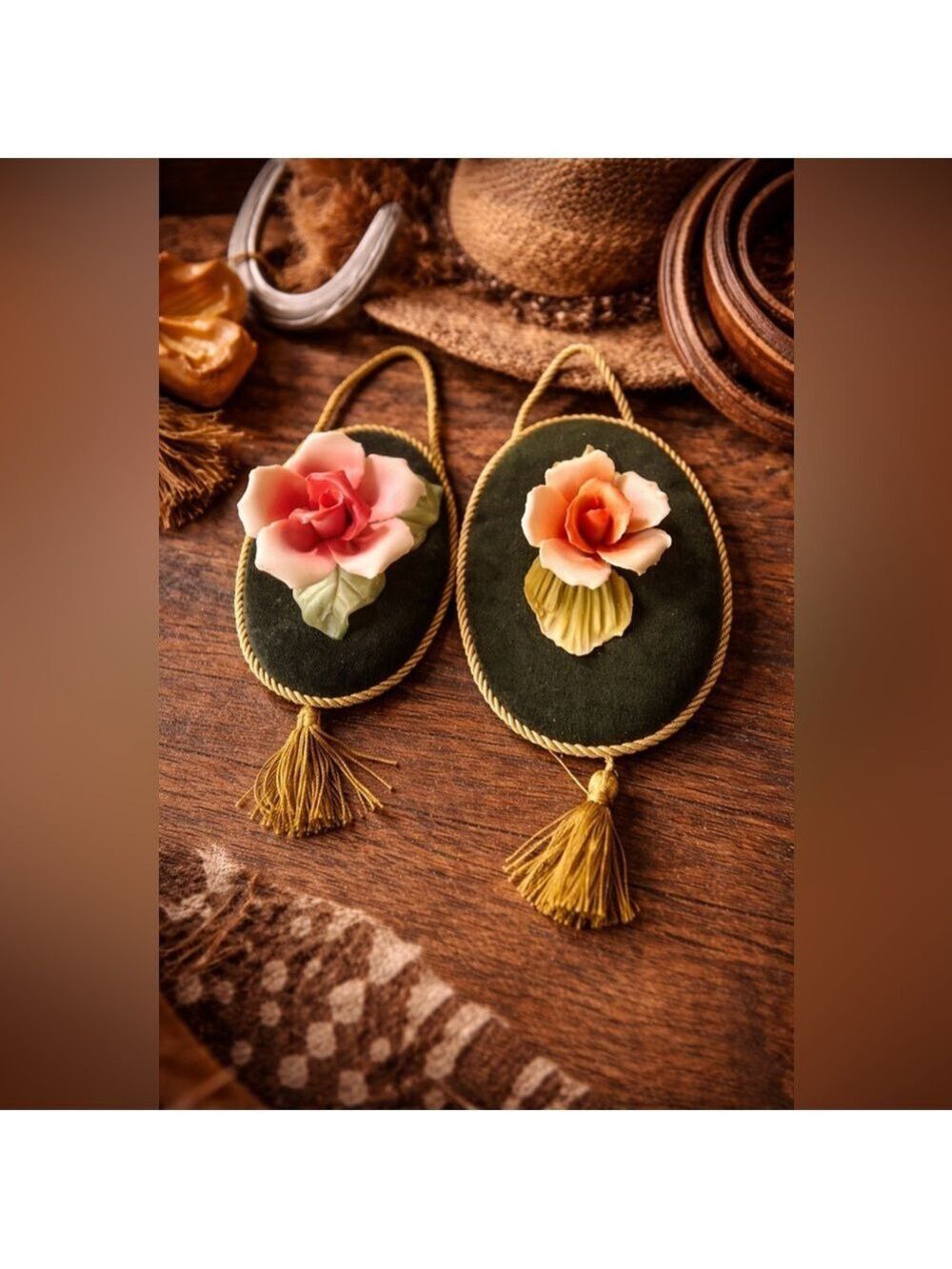 VINTAGE Capodimonte Porcelain Flowers Roses 🌹on Velvet Hanging Wall Tassels Pair
